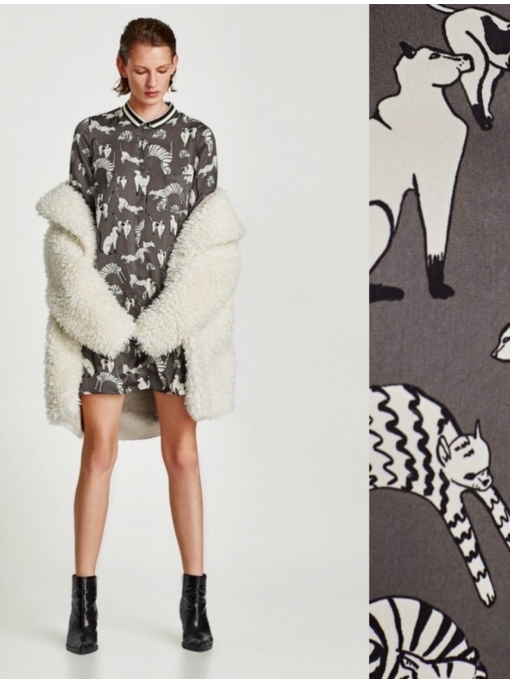 Zara Basic Grey Animal-Print Shirt Dress with Black & White Collar